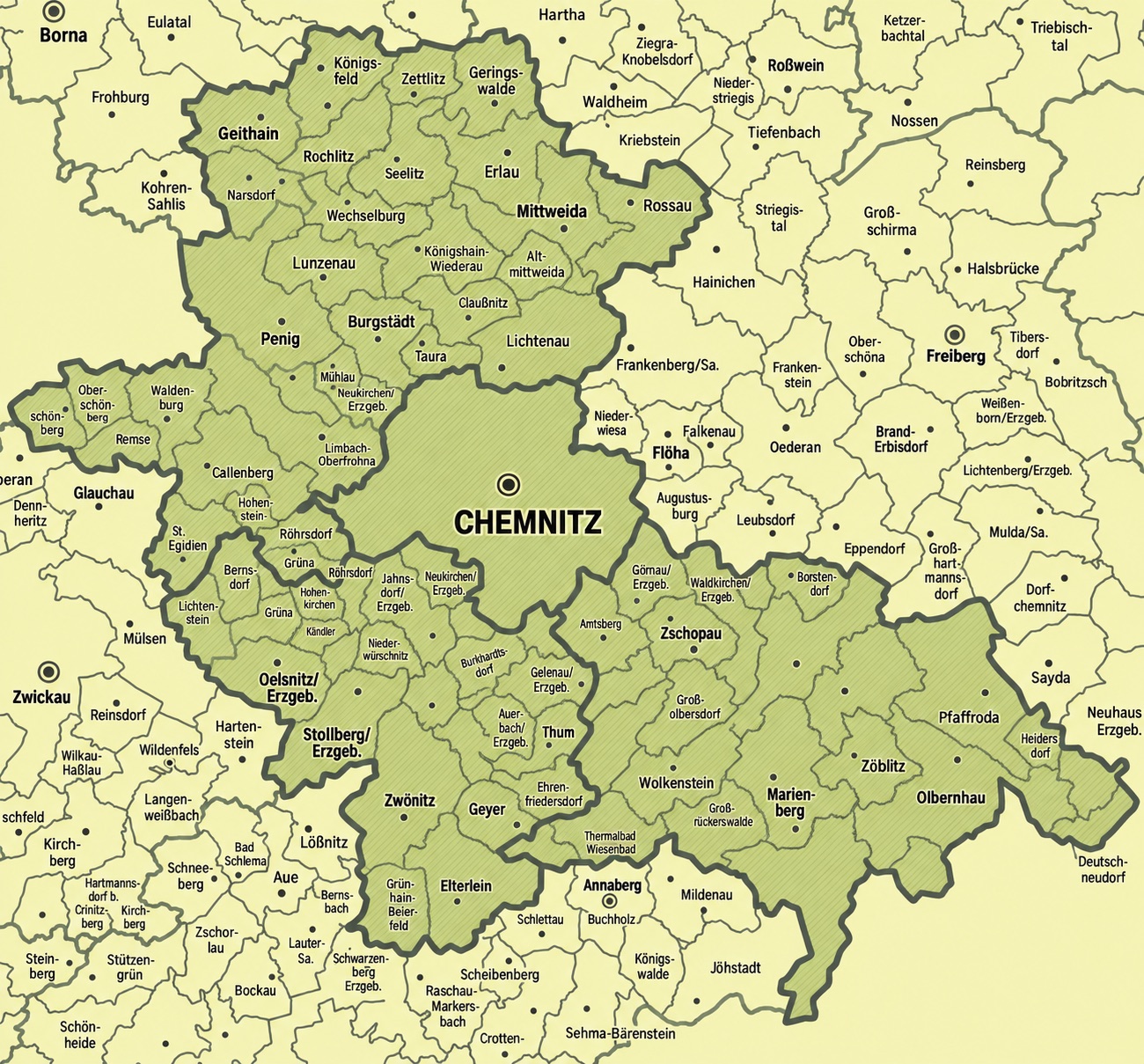 Karte des Versorgungsgebiets des Brückenteams rund um Chemnitz – vom Raum Geithain und Rochlitz im Norden bis Zwönitz, Marienberg und Olbernhau im Süden